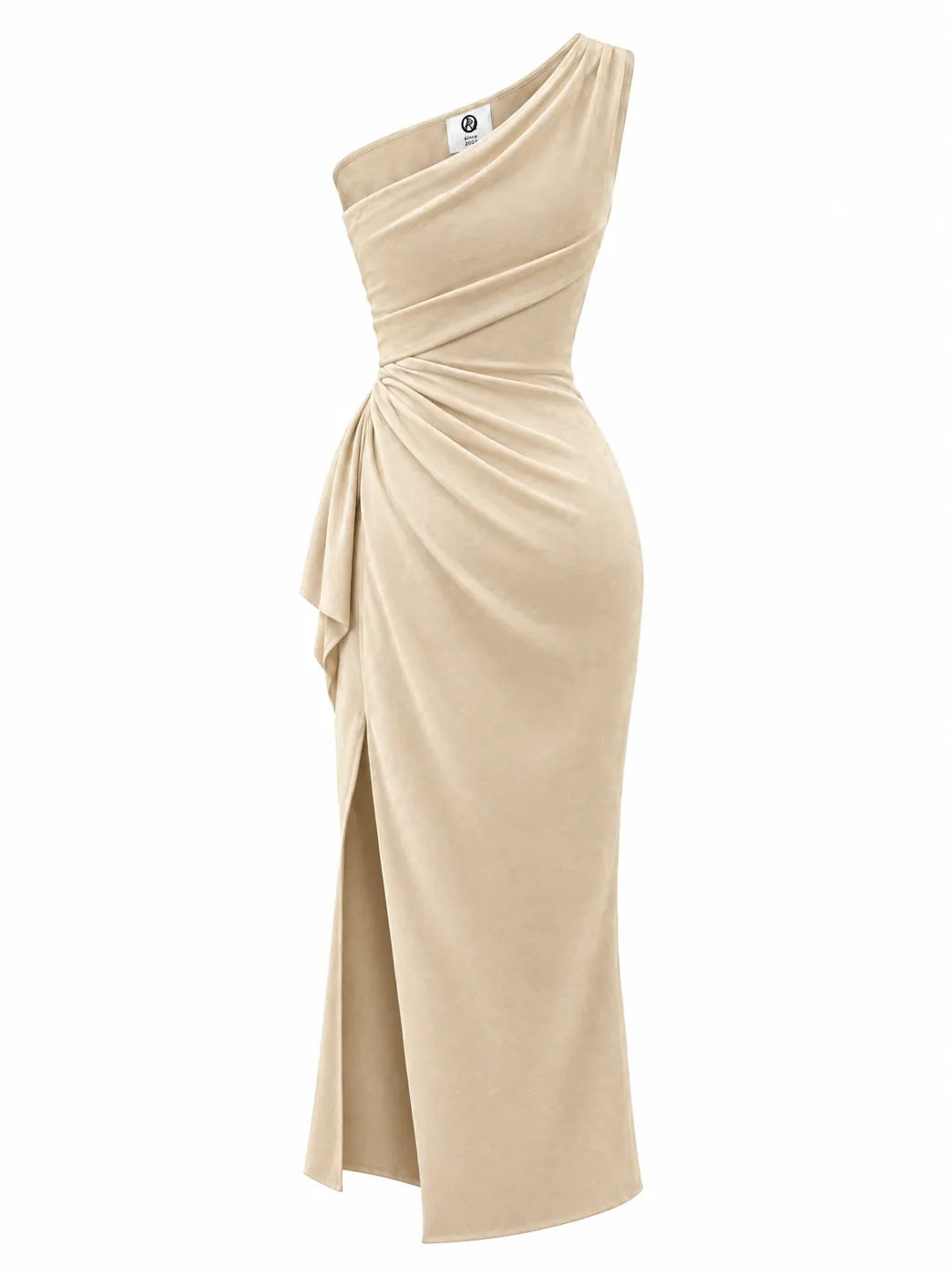 OfRegal Sculpted One-Shoulder Dress in Champagne — back view