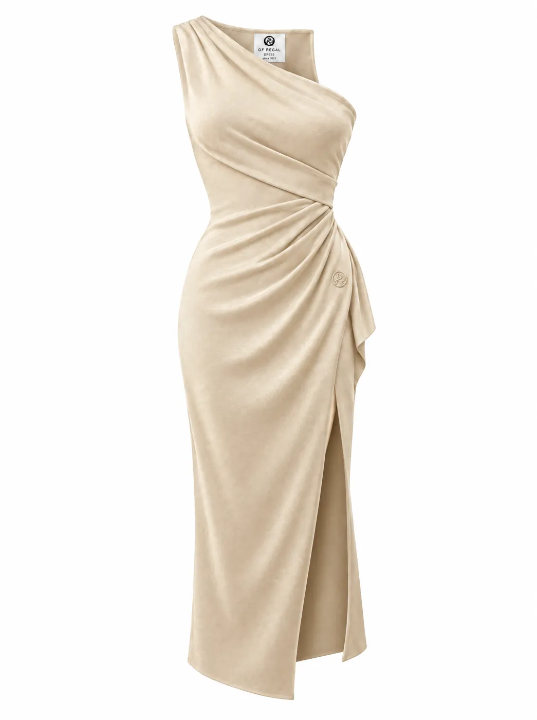 OfRegal Sculpted One-Shoulder Dress in Champagne — front view