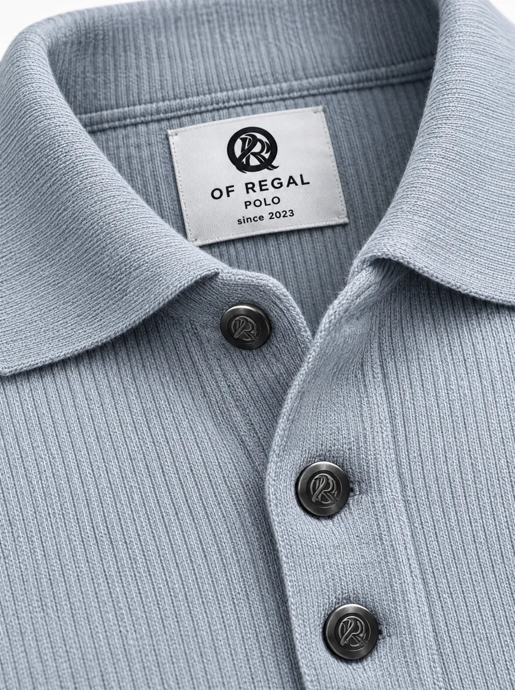 OfRegal Ribbed Long-Sleeve Polo in Mist Blue — detail view