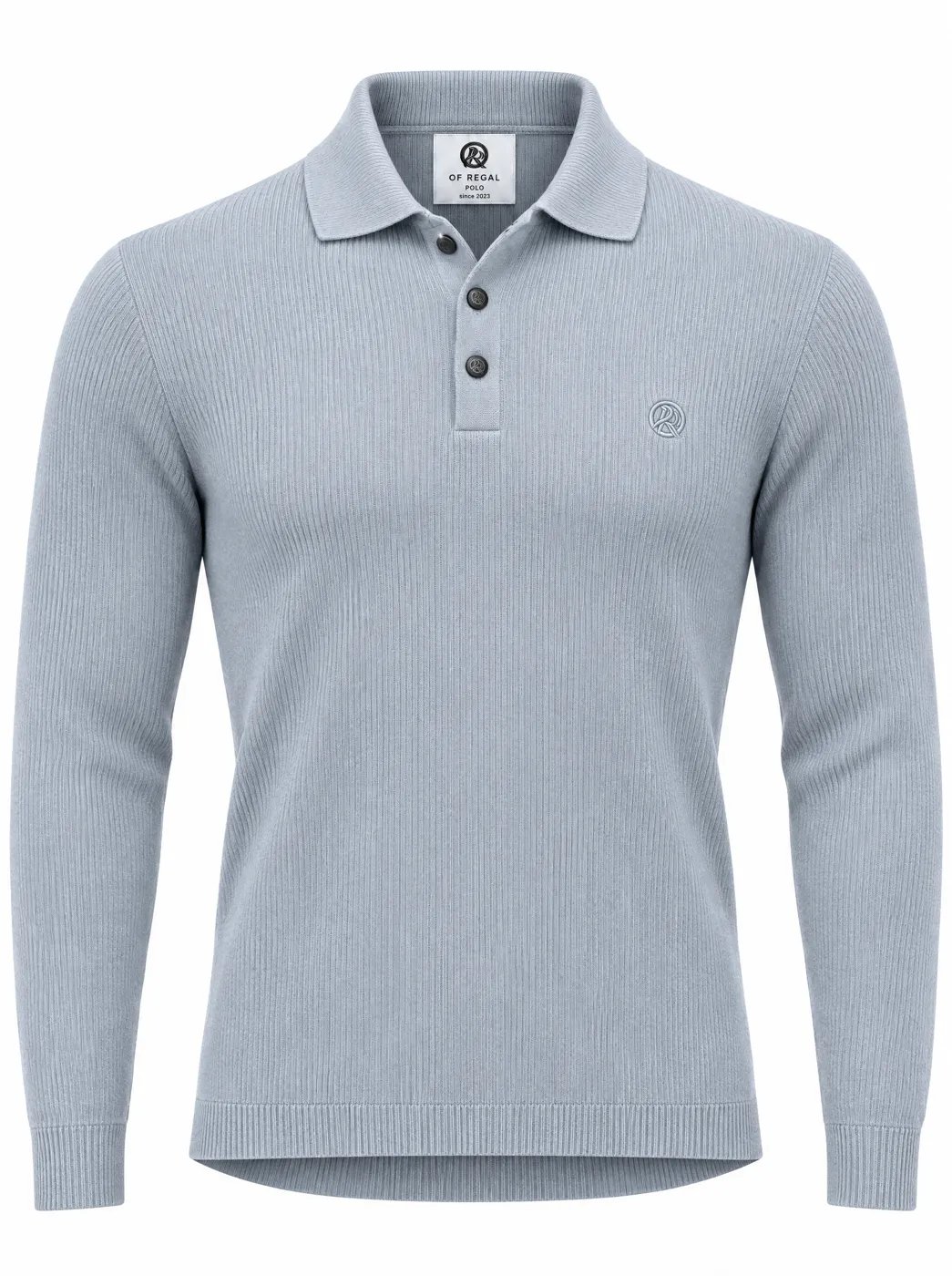 OfRegal Ribbed Long-Sleeve Polo in Mist Blue — front view