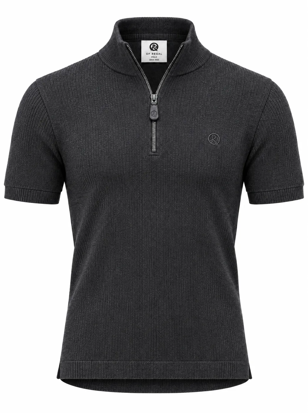 OfRegal Zip-Neck Short-Sleeve Polo in Charcoal — front view