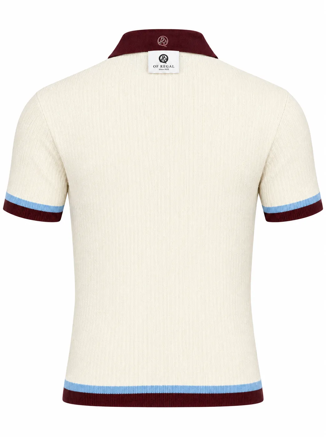 OfRegal Tricolour Stripe Zip Polo in Ivory Burgundy Sky — back view