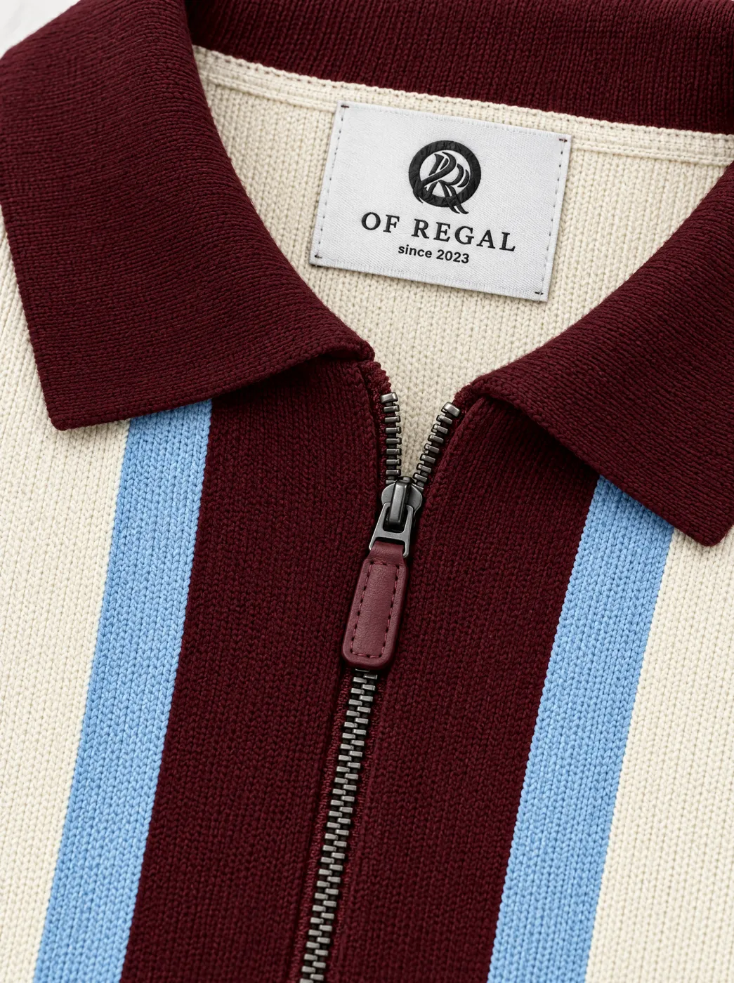 OfRegal Tricolour Stripe Zip Polo in Ivory Burgundy Sky — detail view