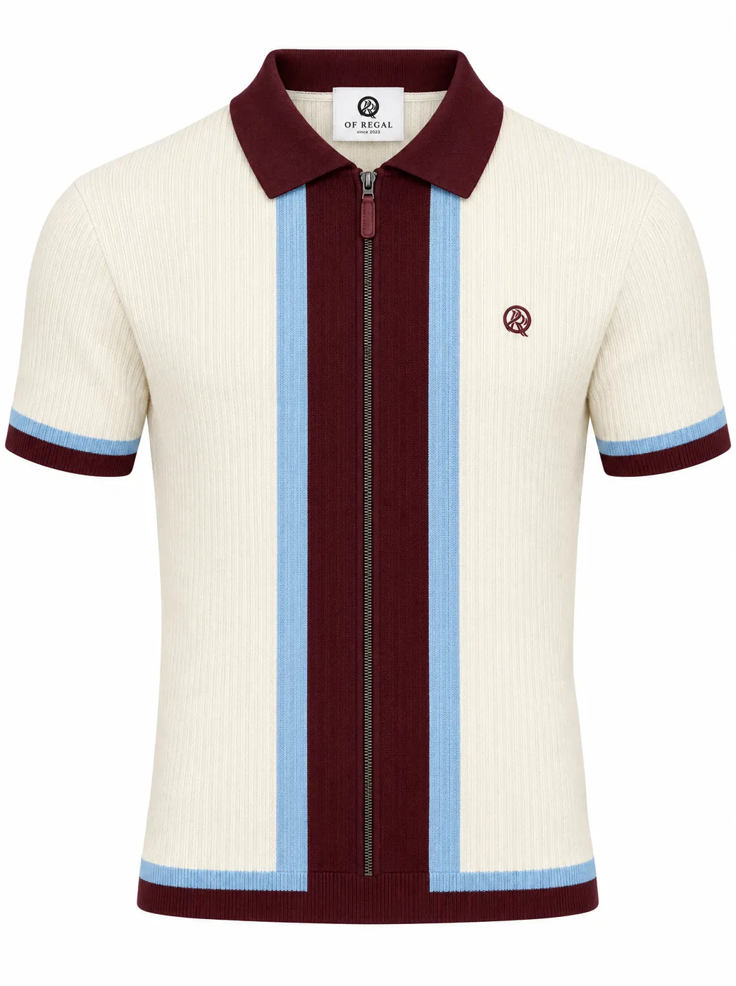 OfRegal Tricolour Stripe Zip Polo in Ivory Burgundy Sky — front view