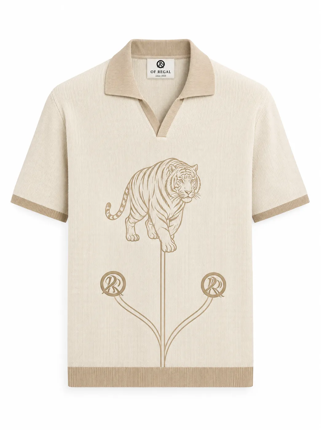 OfRegal Tiger Emblem Open-Collar Polo in Ivory Sand — front view